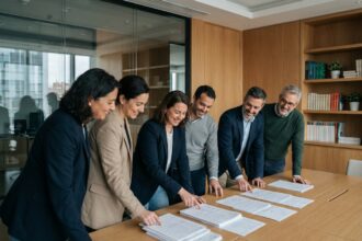 Groupe de professionnels en réunion dans un bureau moderne