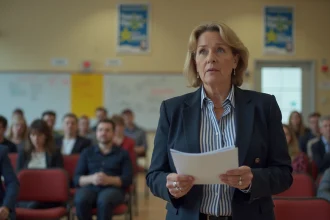 Déléguée syndicale enseignante tenant des documents lors d'une réunion syndicale sur la fin du Pacte enseignant 2026
