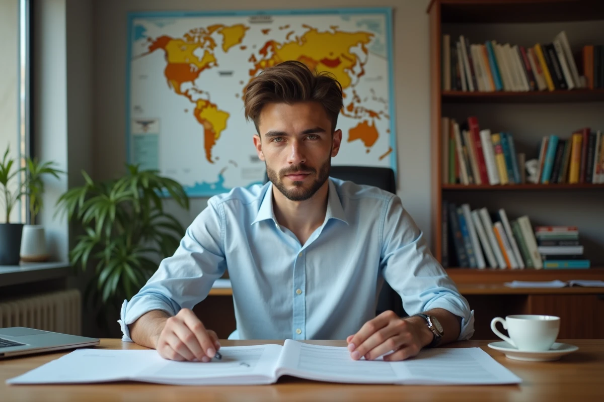 Futur cadet Air France qui révise les exigences médicales de l'aptitude classe 1 DGAC à son bureau avec documents et ordinateur