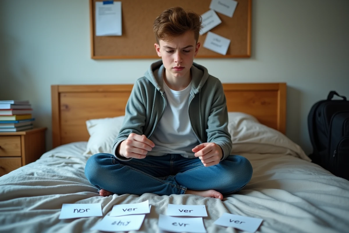 Adolescent révisant les verbes espagnols ser ir et ver à l'imparfait avec des fiches de mémorisation dans sa chambre d'étudiant