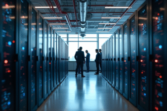 Salle serveurs moderne avec professionnels IT collaborant