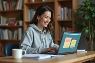 Jeune femme utilisant un simulateur de mémoire sur ordinateur pour réviser efficacement à son bureau à domicile