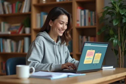 Jeune femme utilisant un simulateur de mémoire sur ordinateur pour réviser efficacement à son bureau à domicile