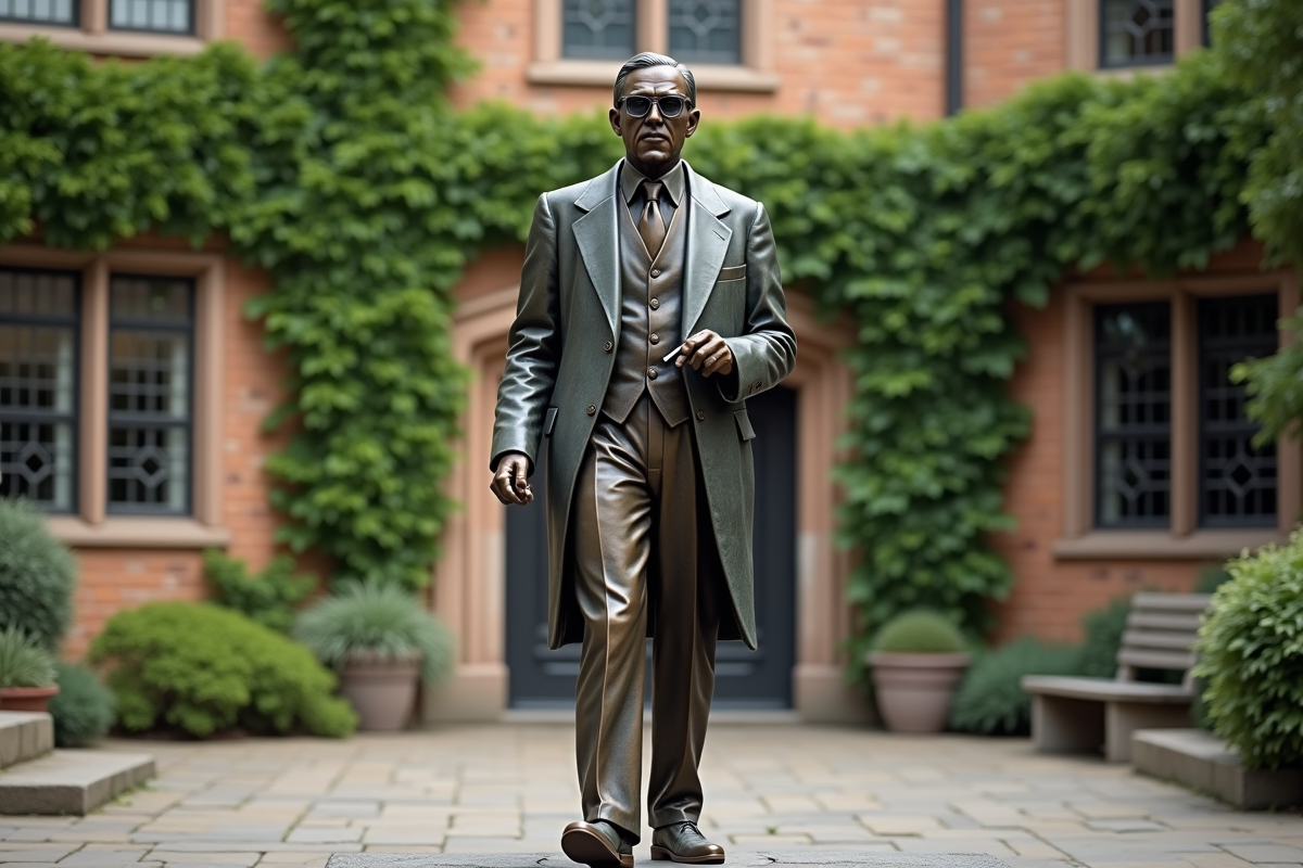 Statue en bronze d un physicien dans une cour universitaire
