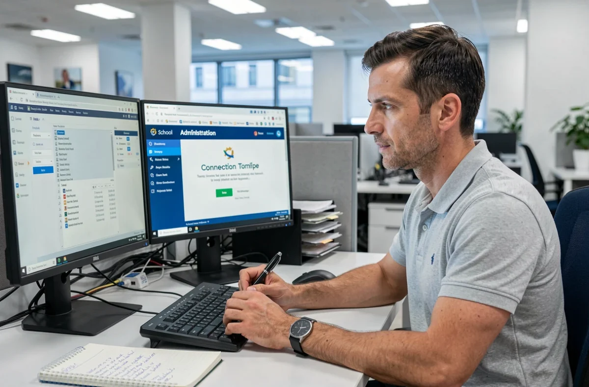 Technicien informatique vérifiant les paramètres de connexion au portail Educ de Normandie sur un poste professionnel