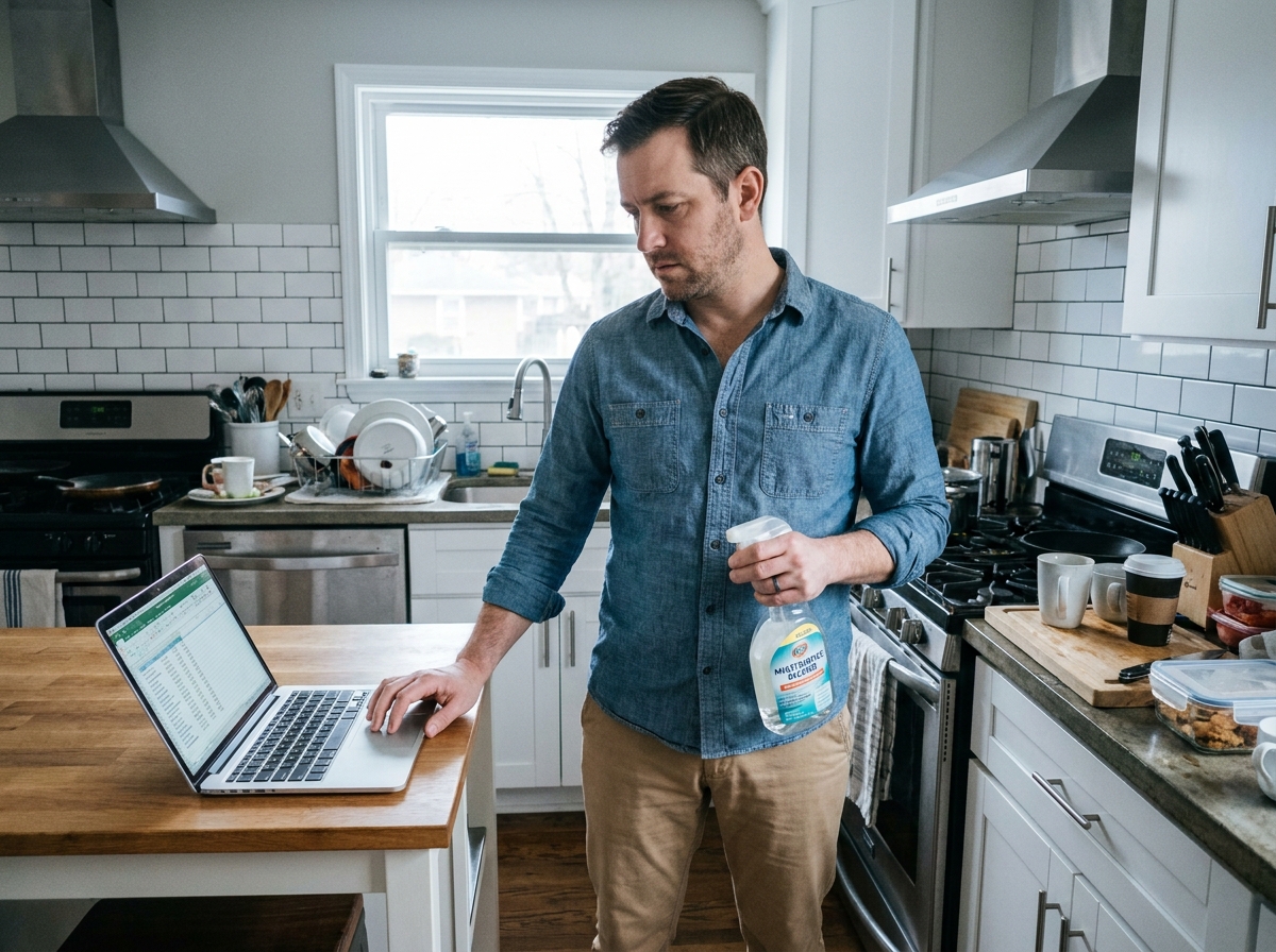 Homme en télétravail jonglant entre son ordinateur et les tâches ménagères dans la cuisine