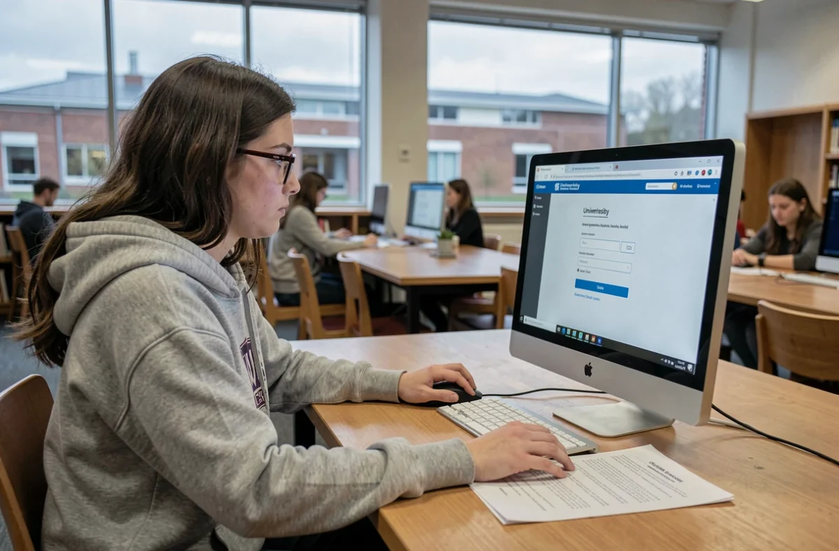 Étudiante en train de valider son compte LISE ENSAM à la bibliothèque universitaire