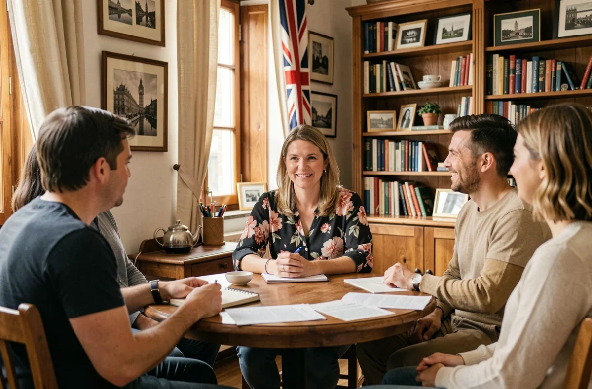 Enseignante britannique en cours d'anglais dans le cadre chaleureux et culturel de Victoria's English à Toulouse