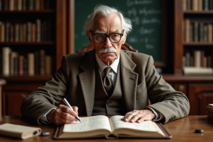 Vieil homme avec lunettes et moustache dans un bureau ancien